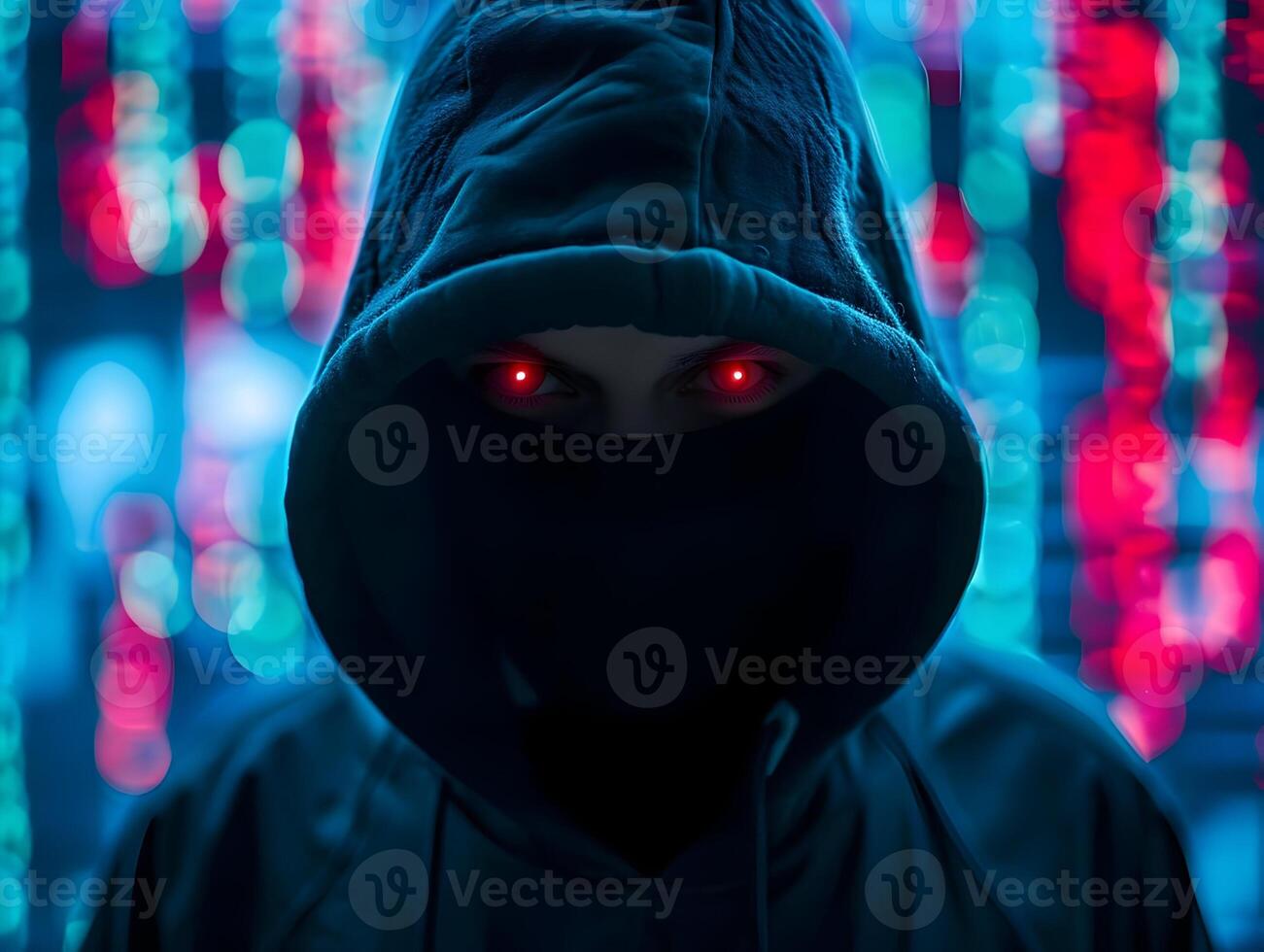 AI generated Hackers in the hood with red eyes in black masks on the background of blurred red-blue code symbols. High quality. AI Generative photo