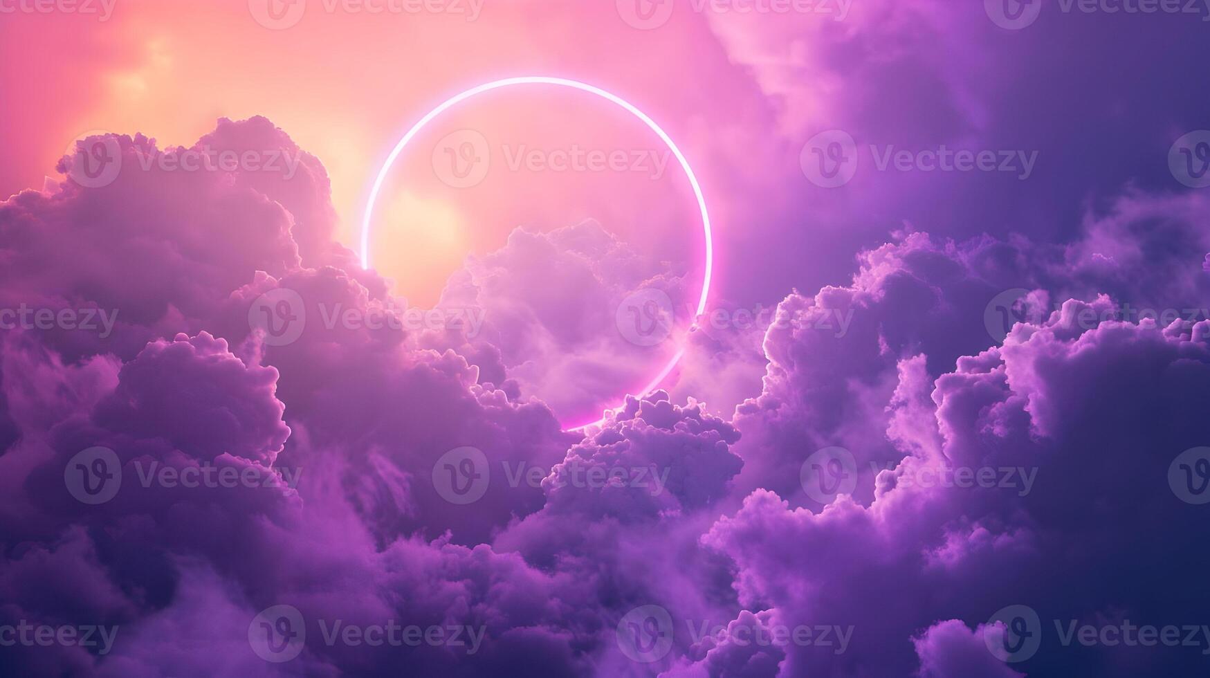 AI generated Horizontal background of simple puffy deep purple and pink clouds with a tiny neon circle in the center. High-resolution. AI Generative photo