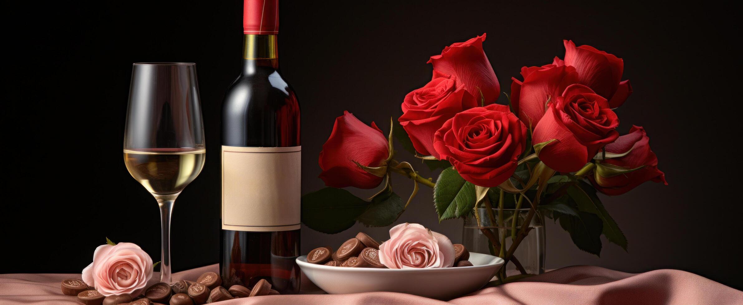 AI generated valentine's tuesday beautiful romantic chocolates red rose, red wine bottle and box, photo