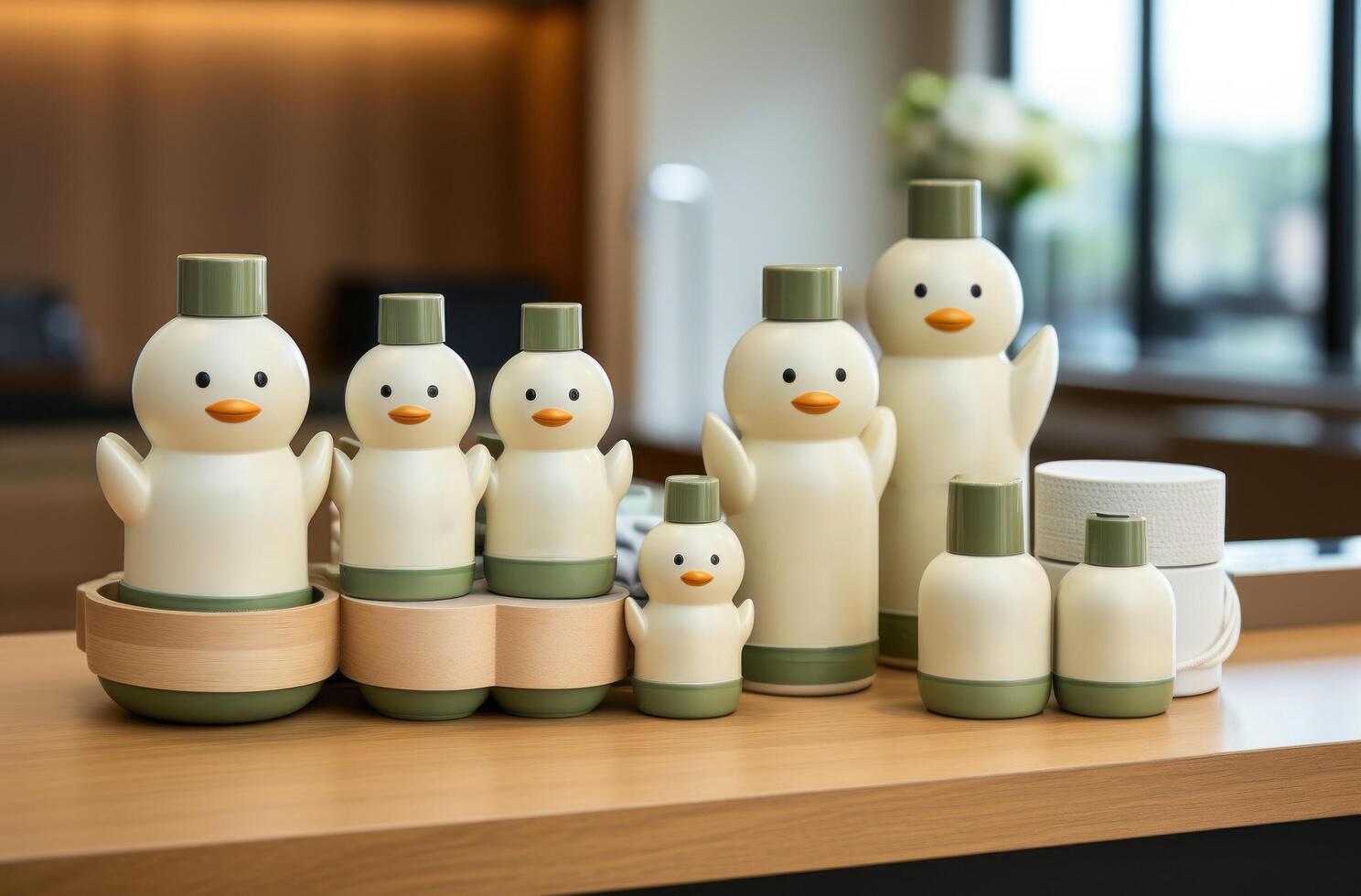 AI generated white bottles and rubber ducks are displayed on the counter, photo