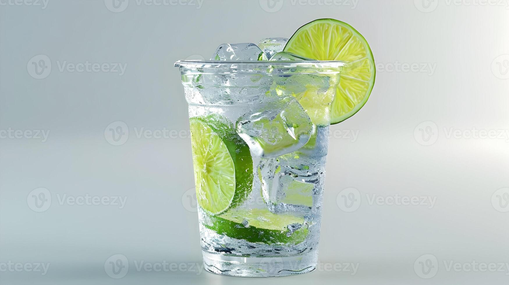 AI generated A hyper-realistic photo of a plastic cup with soda, ice cubes, and slices of lime isolated on a white background. High quality