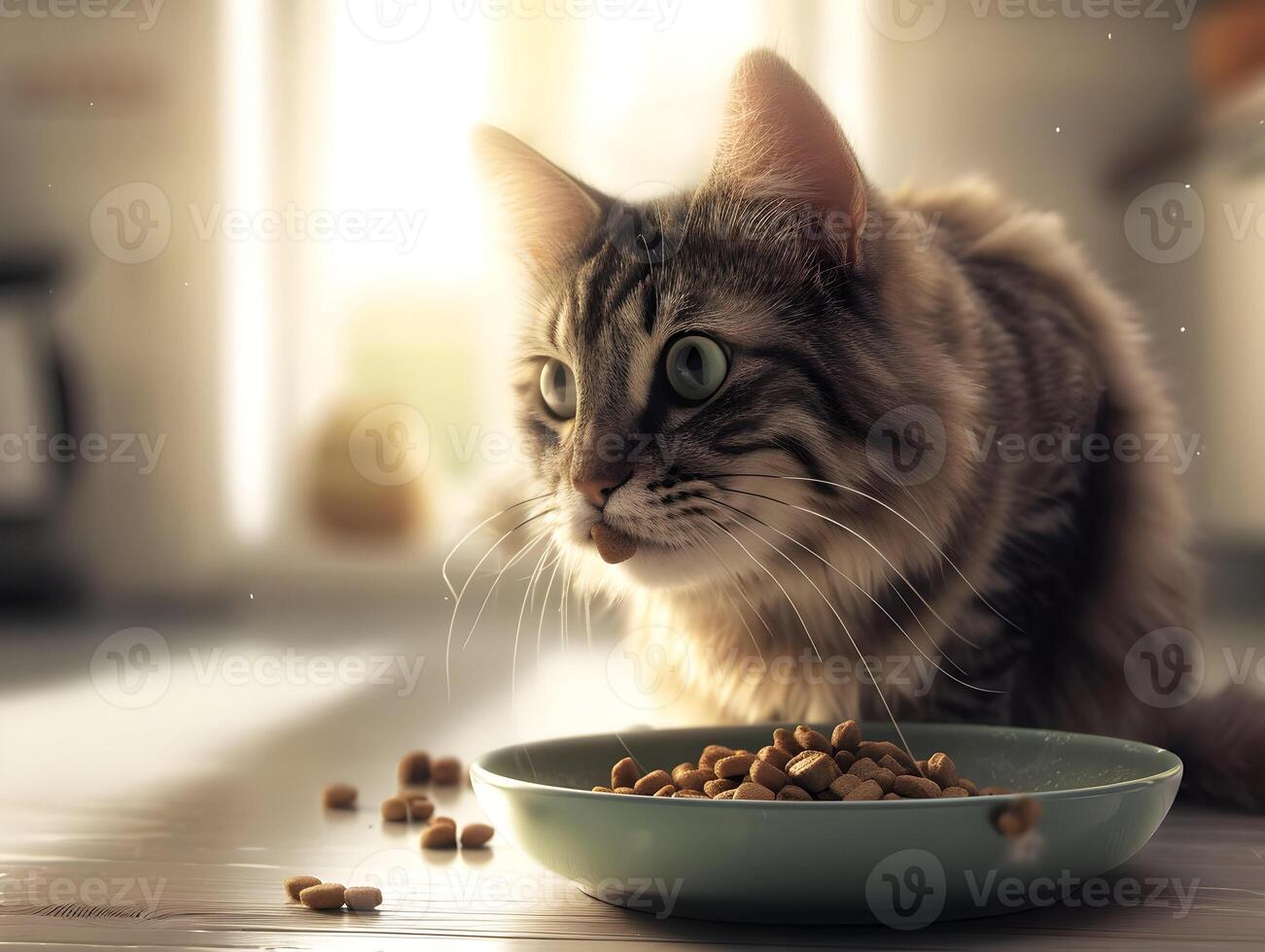 AI generated A brown cat eats cat food in a light bright room. High quality. AI Generative photo