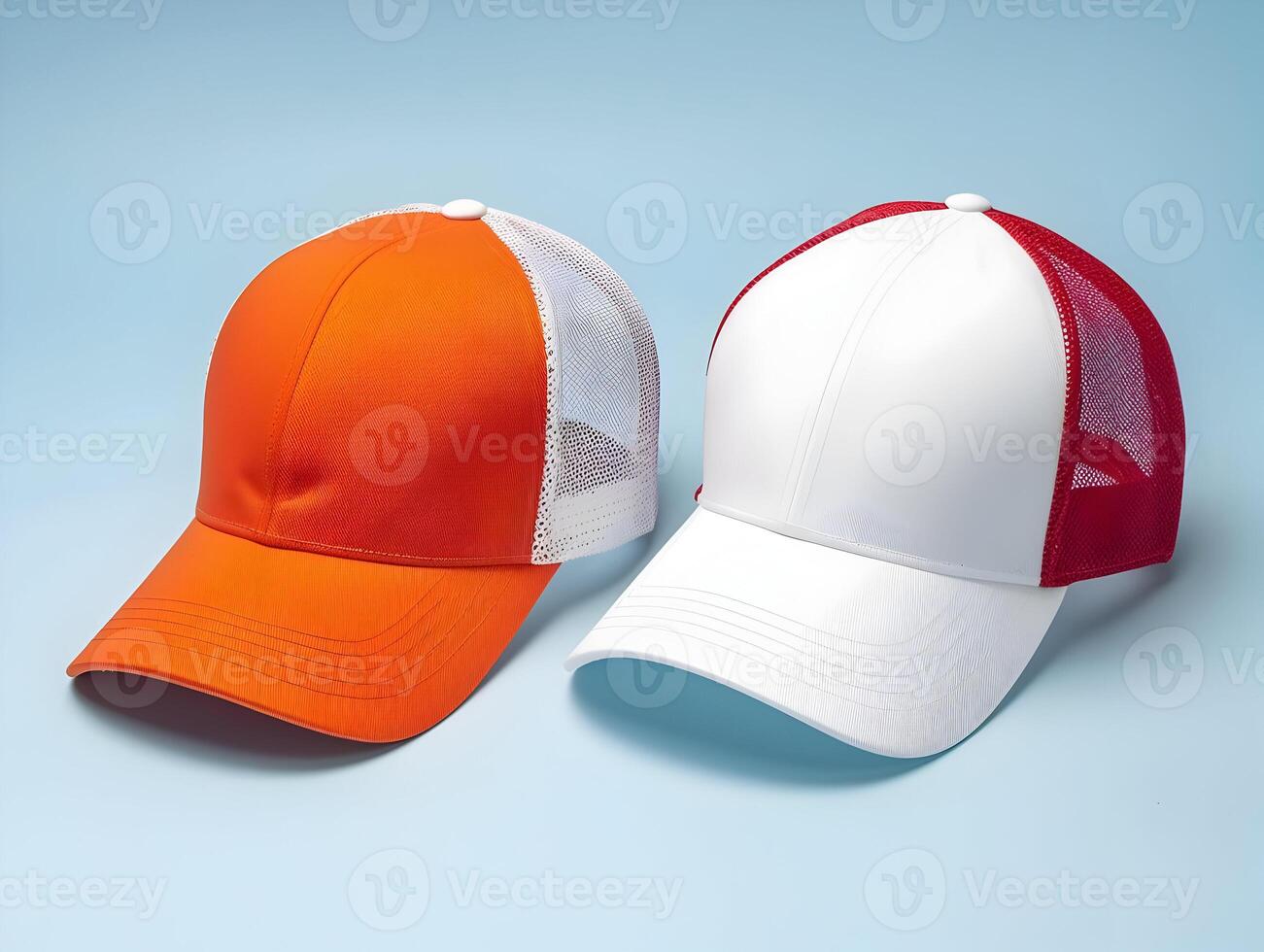 AI generated Two baseball caps mock-up placed side by side on a blue background. High-resolution. AI Generative photo