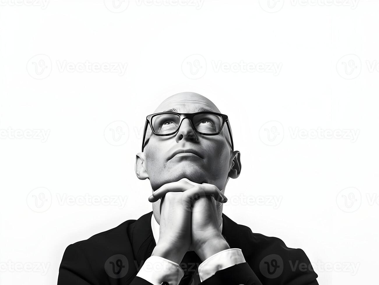AI generated A bald man looking up isolated on a white background. Businessman wearing specs. Thinking person. High quality. AI Generative photo