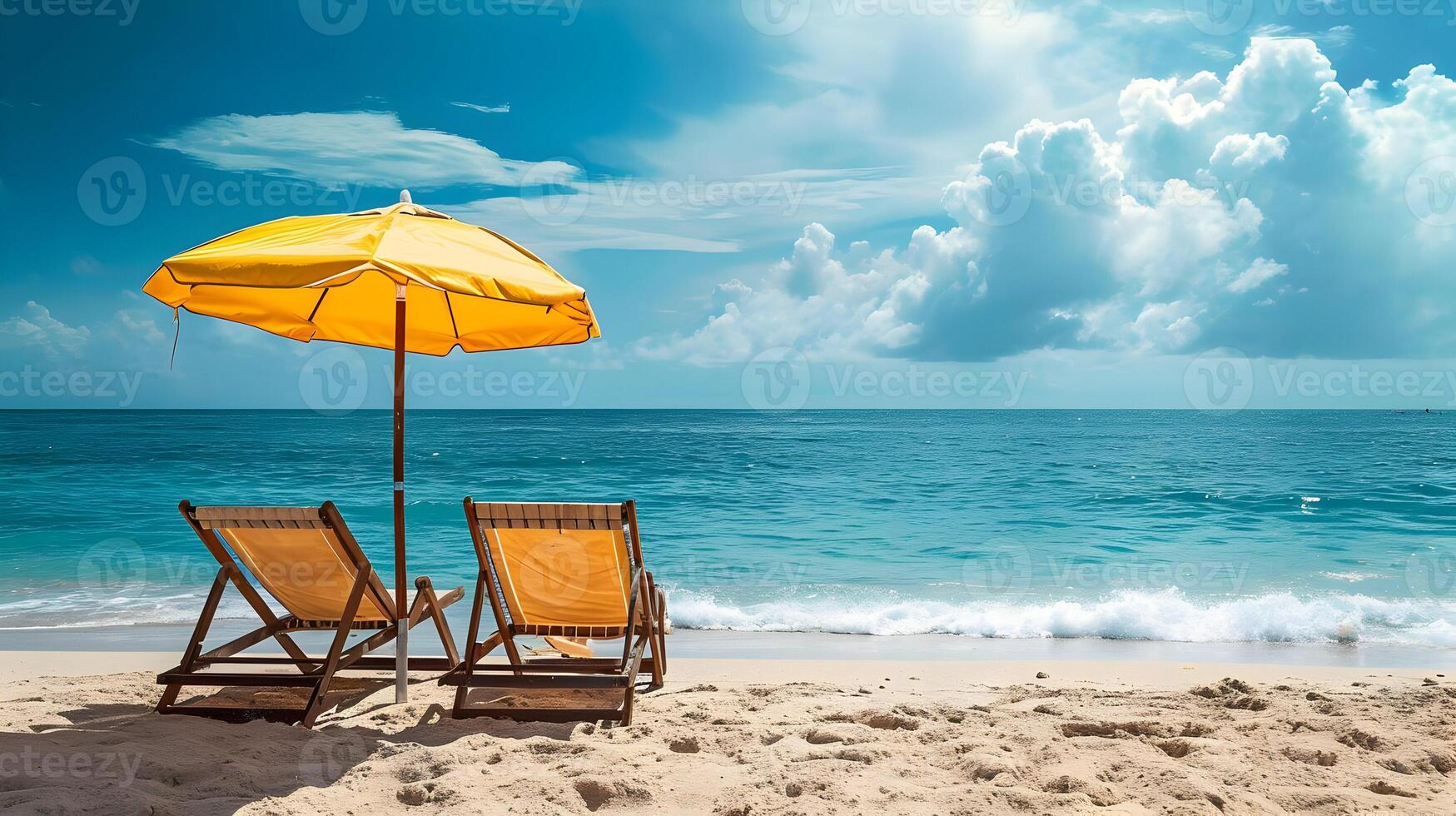 AI generated Two sun loungers under the yellow umbrella on the beach. Vacation sunny photo with clouds in the sky. High-resolution. AI Generative