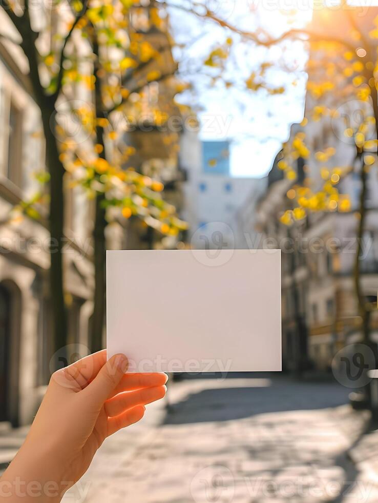 ai generado vacío tarjeta postal en un mujer mano en el centrar de el otoño ciudad. burlarse de arriba de un horizontal tarjeta postal. alto calidad. ai generativo foto