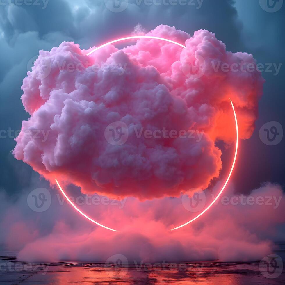ai generado un antecedentes de sencillo hinchado ligero rosado nubes con un neón circulo en el centro. alta resolución. ai generativo foto