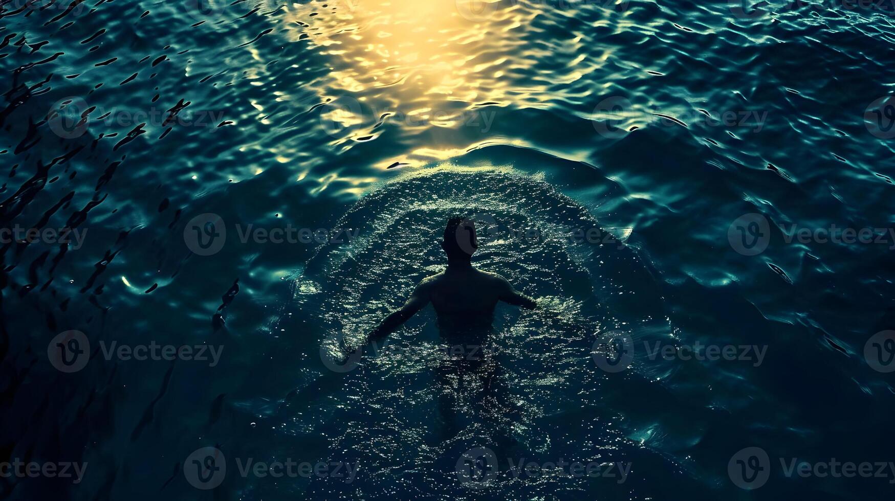 AI generated Top view of silhouette man swimming in the sea cinematic photo. High quality. AI Generative photo