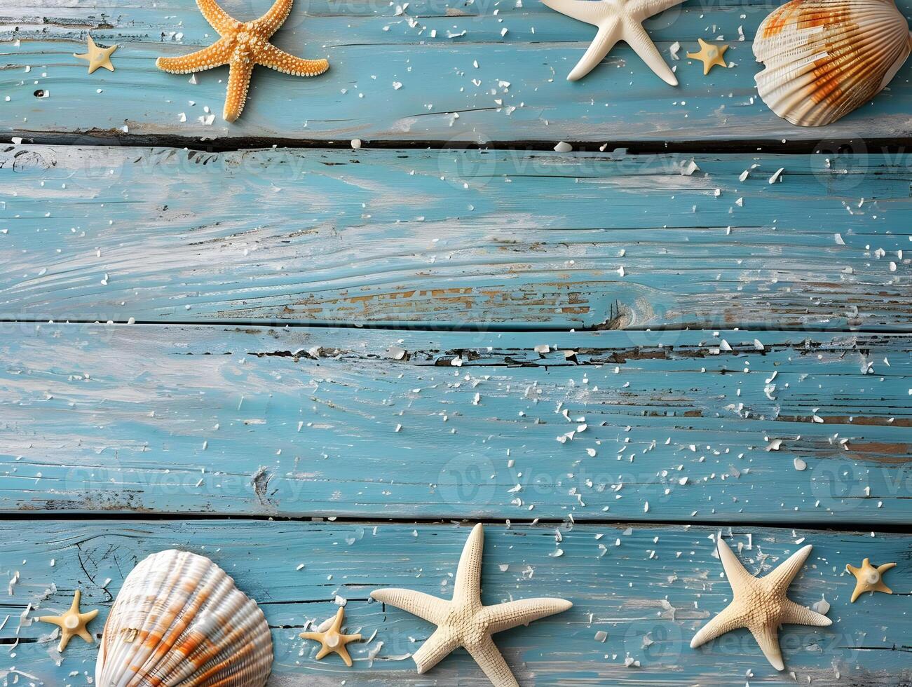 AI generated Horizontal blue wood board textures with sea starfish and shells. High quality. AI Generative photo