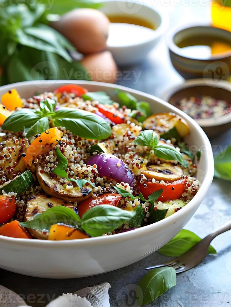 ai generado un comida foto de el sano cuenco con arroz y vegetales. alta resolución. ai generativo