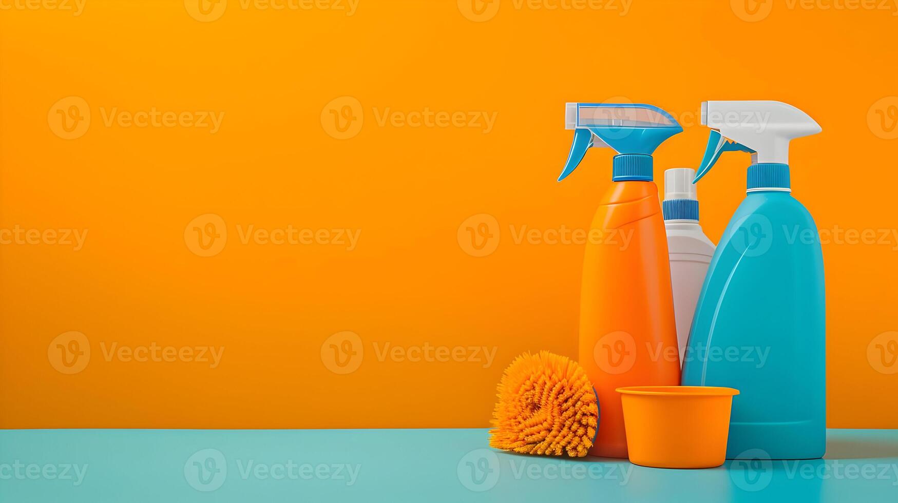 AI generated Housekeeping supplies minimal concept orange and blue colors. Cleaner and different brushes. High-resolution. AI Generative photo