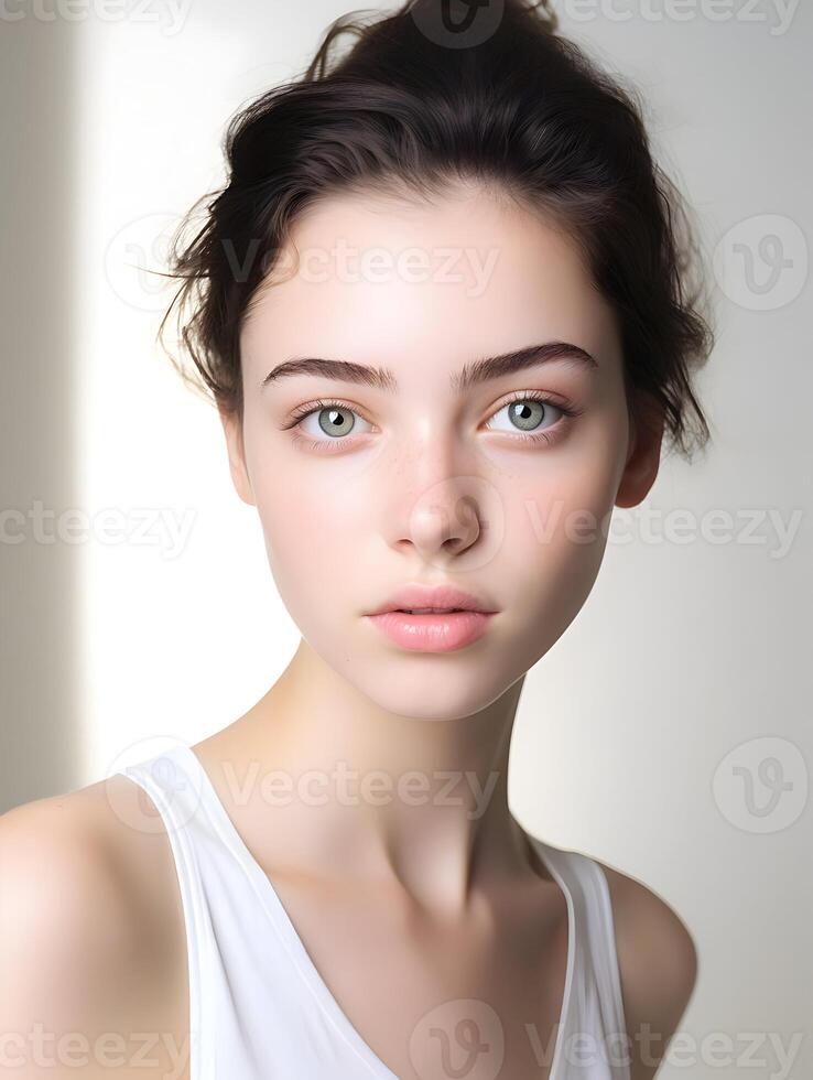 AI generated Beautiful 20 years woman with clean skin in sunlight, and skin care. High-resolution. AI Generative photo