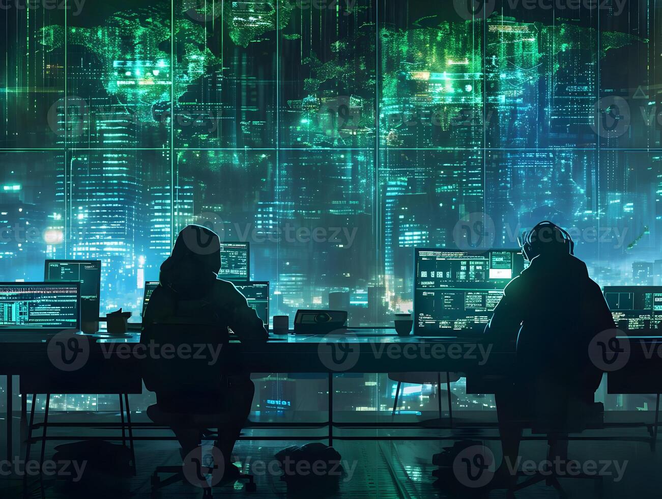 AI generated Silhouette of hackers seating at the world code. High quality. AI Generative photo