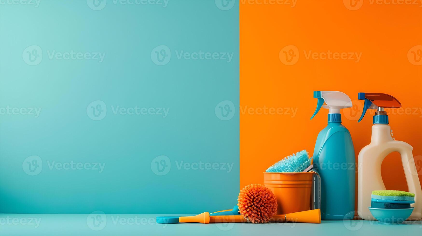 AI generated Housekeeping supplies minimal concept orange and blue colors. Cleaner and different brushes. High-resolution. AI Generative photo