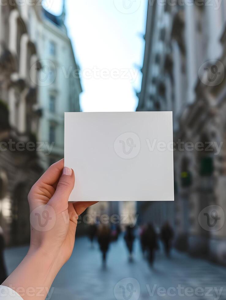 AI generated Empty postcard in a woman's hand in the center of the city. Mock up of a postcard. Horizontal white blank. High quality. AI Generative photo