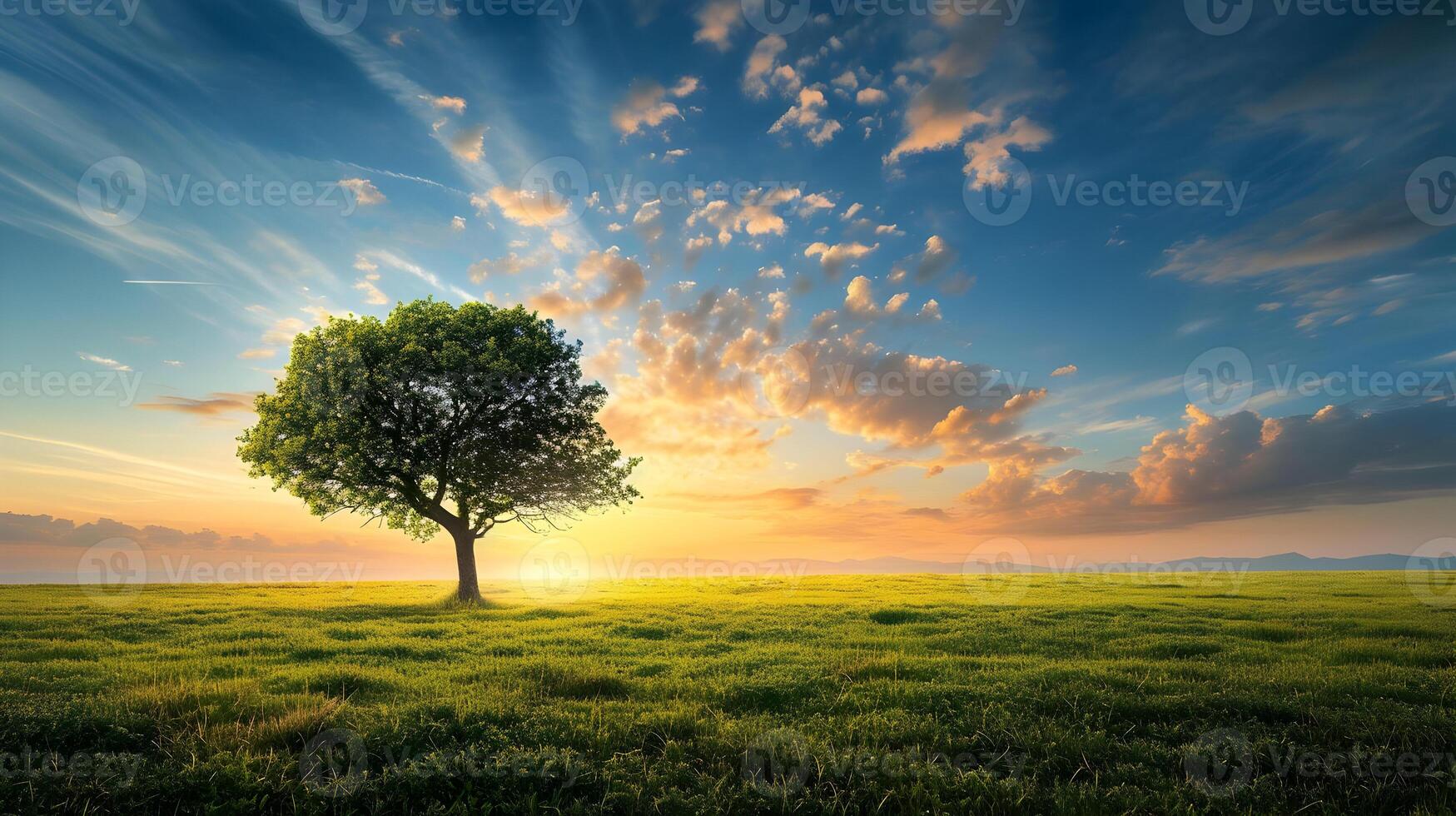 AI generated One tree on a wide grass plain with a blue-pink sky. A beautiful landscape sunset. High-resolution. AI Generative photo