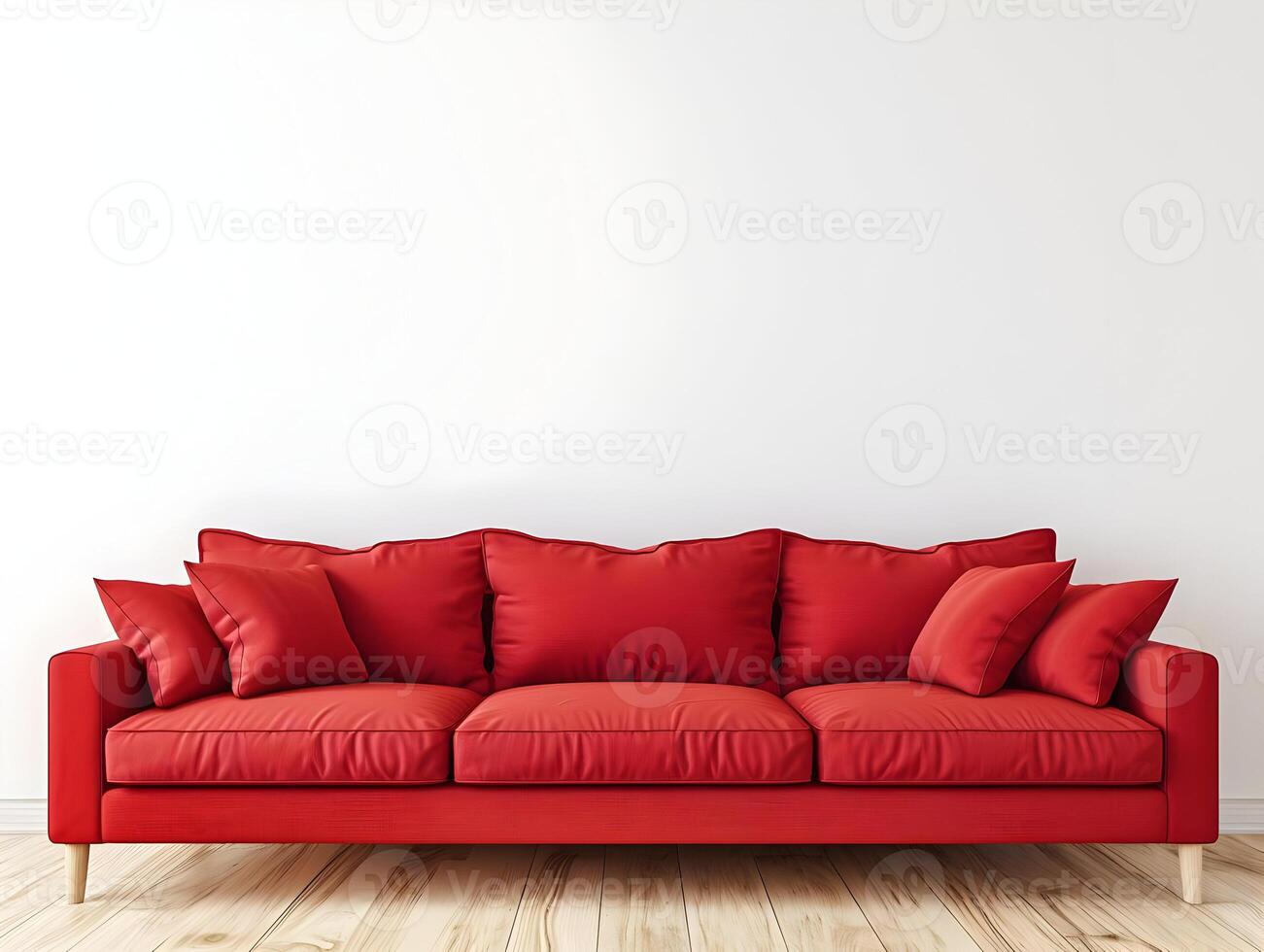 AI generated Modern big red sofa for living room on a clean bright white wall background and wooden floor. High-resolution. AI Generative photo
