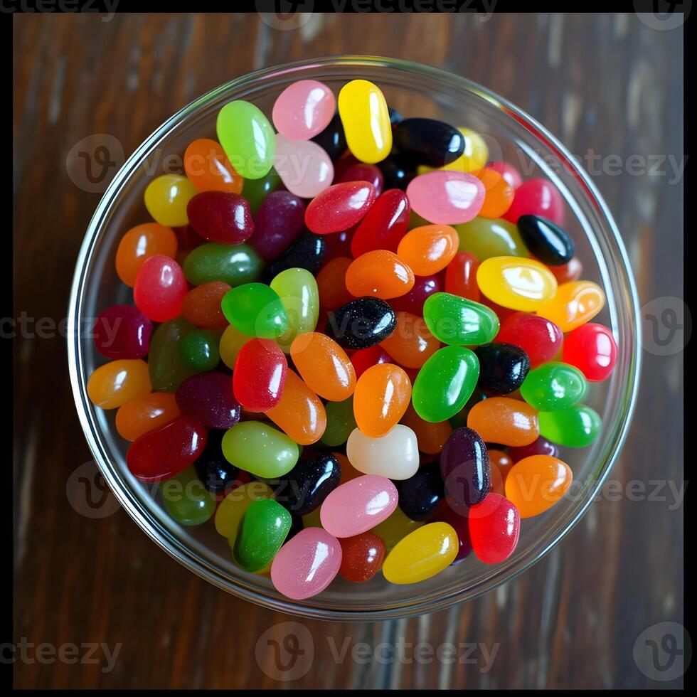 AI generated Close-up photo of a transparent bowl of colorful jelly beans. High quality. AI Generative