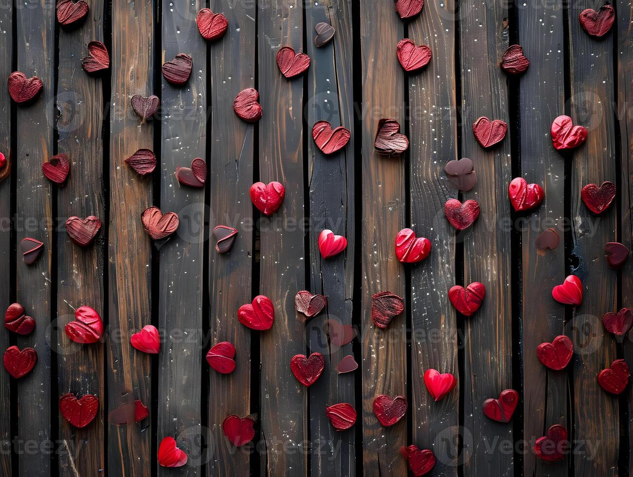 AI generated Wooden board background with red wooden hearts laying willy-nilly. High quality. AI Generative photo