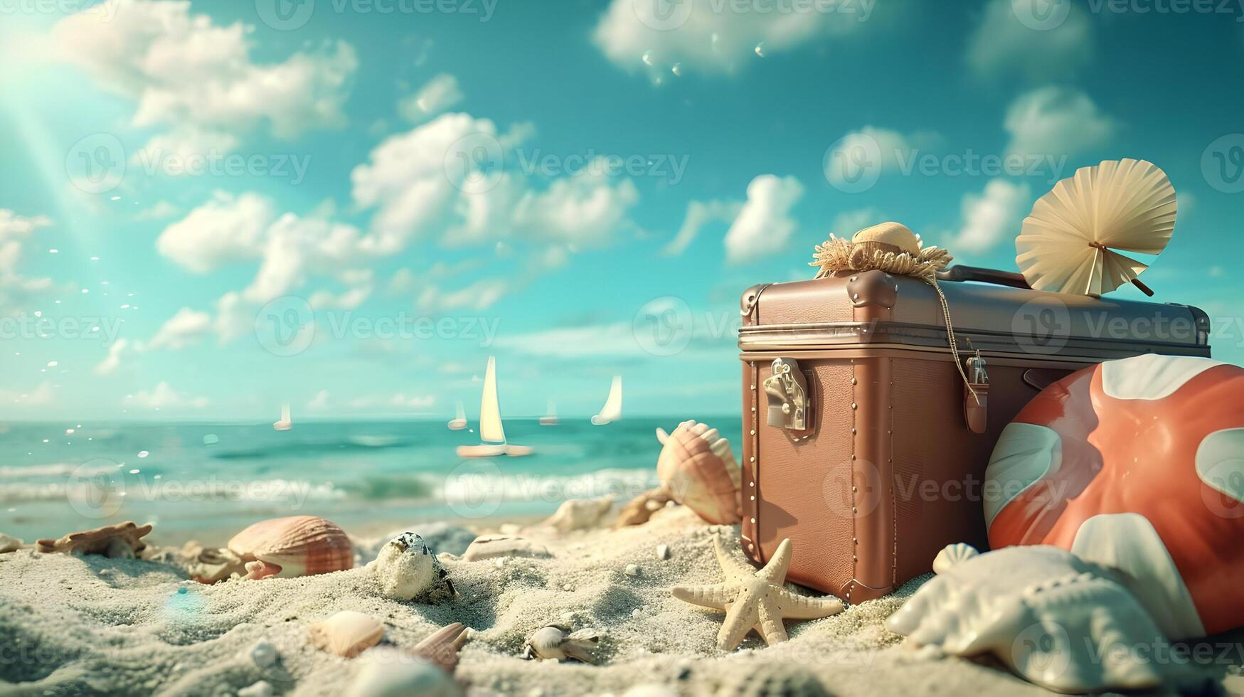 AI generated Concept of the vacation cinematic photo. Case on the sand beach on the sea and sky background. High quality. AI Generative photo