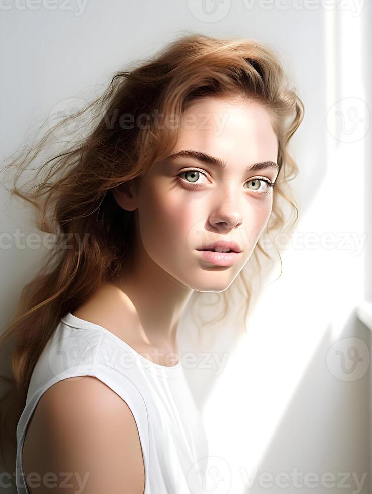 AI generated Beautiful 20 years woman with clean skin in sunlight, and skin care. High-resolution. AI Generative photo