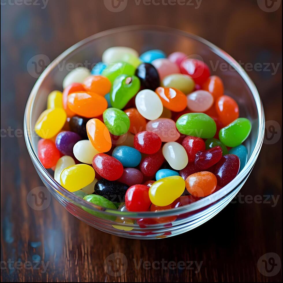 AI generated Close-up photo of a transparent bowl of colorful jelly beans. High quality. AI Generative