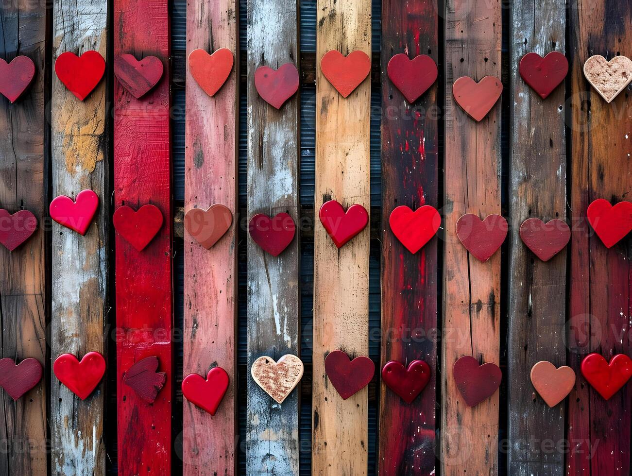 AI generated Wooden board background with red wooden hearts laying one by one in the lines. High quality. AI Generative photo