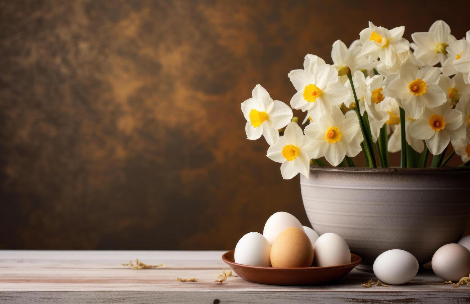 AI generated white eggs with daffodils and flowers on wooden table photo