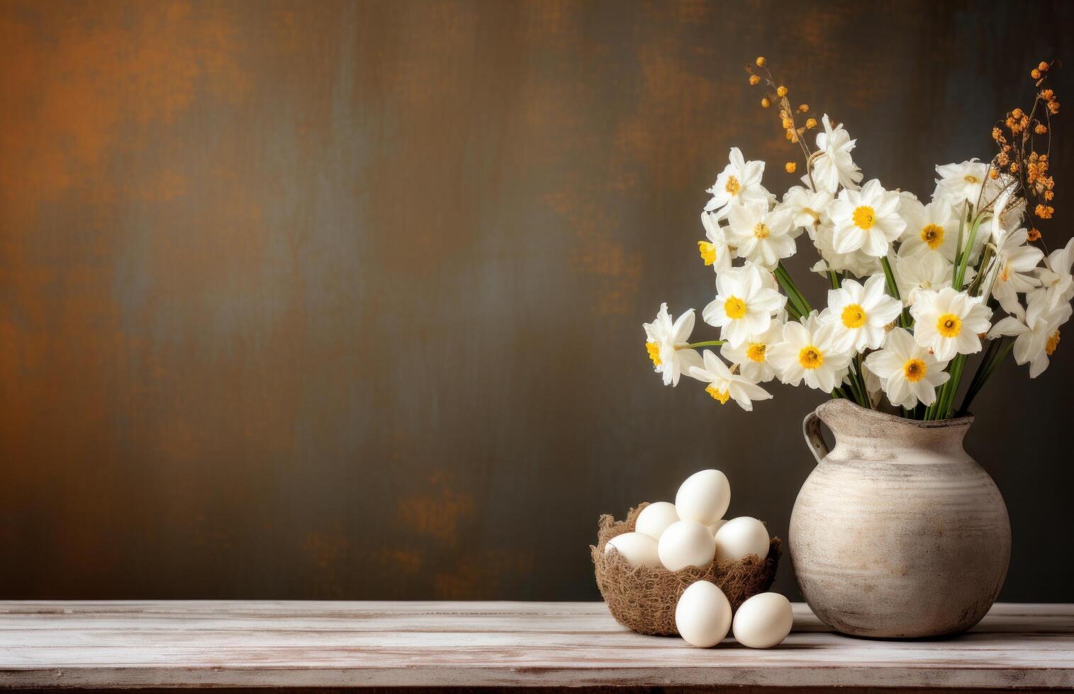 AI generated white eggs with daffodils and flowers on wooden table photo