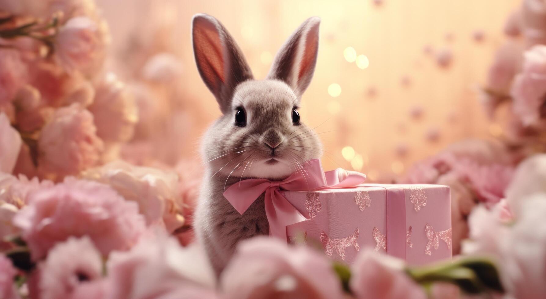 AI generated the present is surrounded by pink flowers, photo