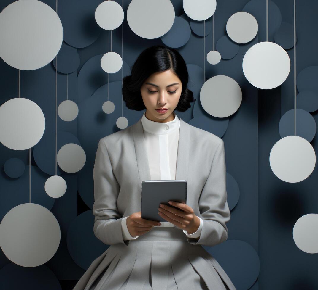 AI generated woman holding tablet and using pc photo