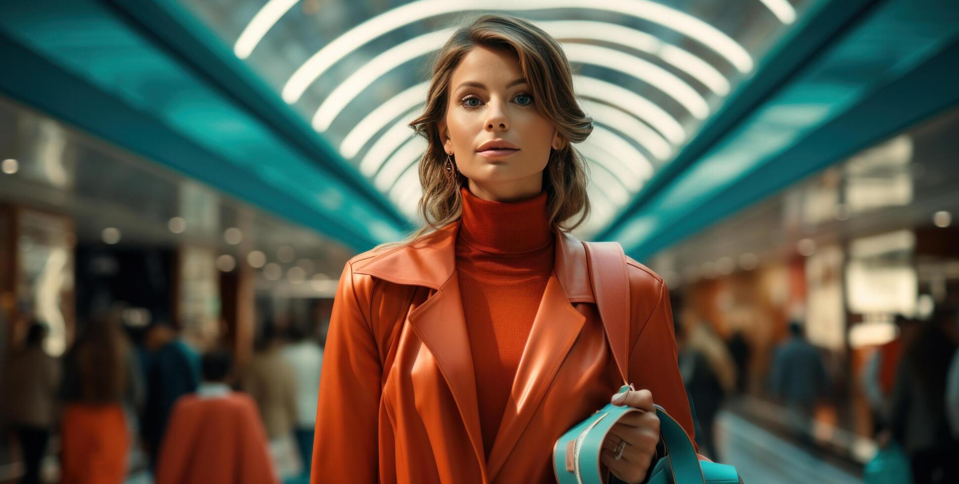 AI generated woman in orange dress with bag and bags in an orange shopping mall photo