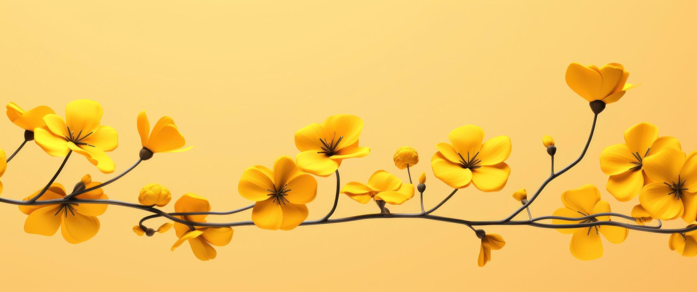 AI generated yellow flowers with leaves against a bright yellow background photo