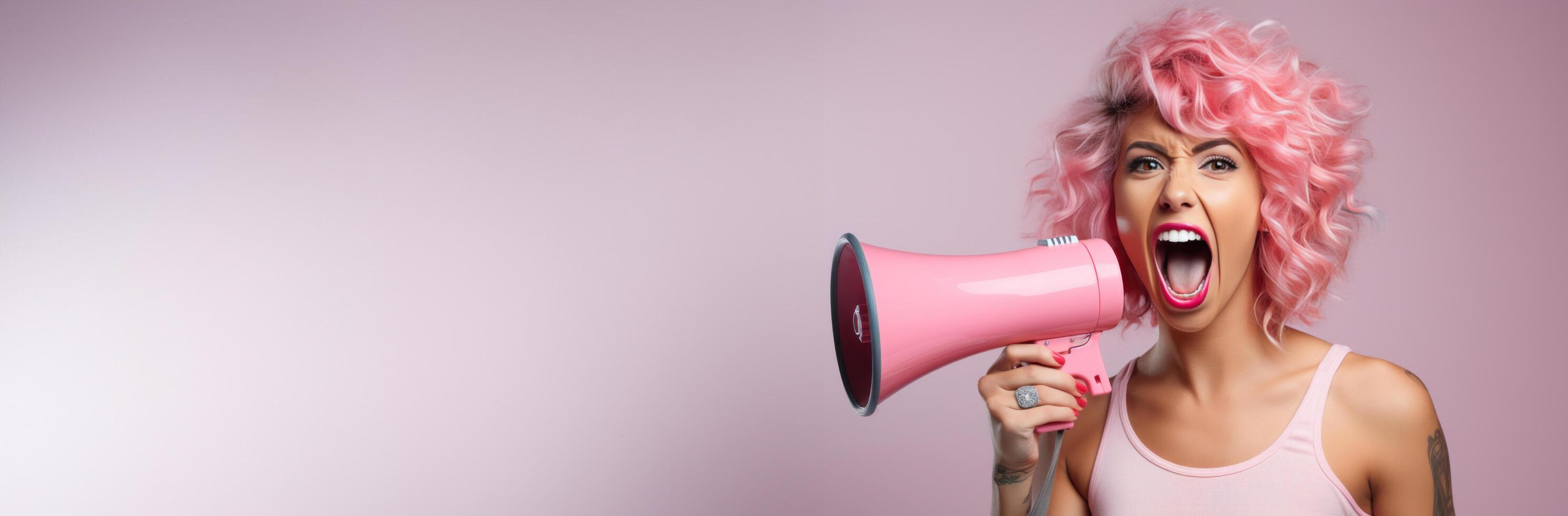 AI generated woman shouting out loud with megaphone happy and smiling photo