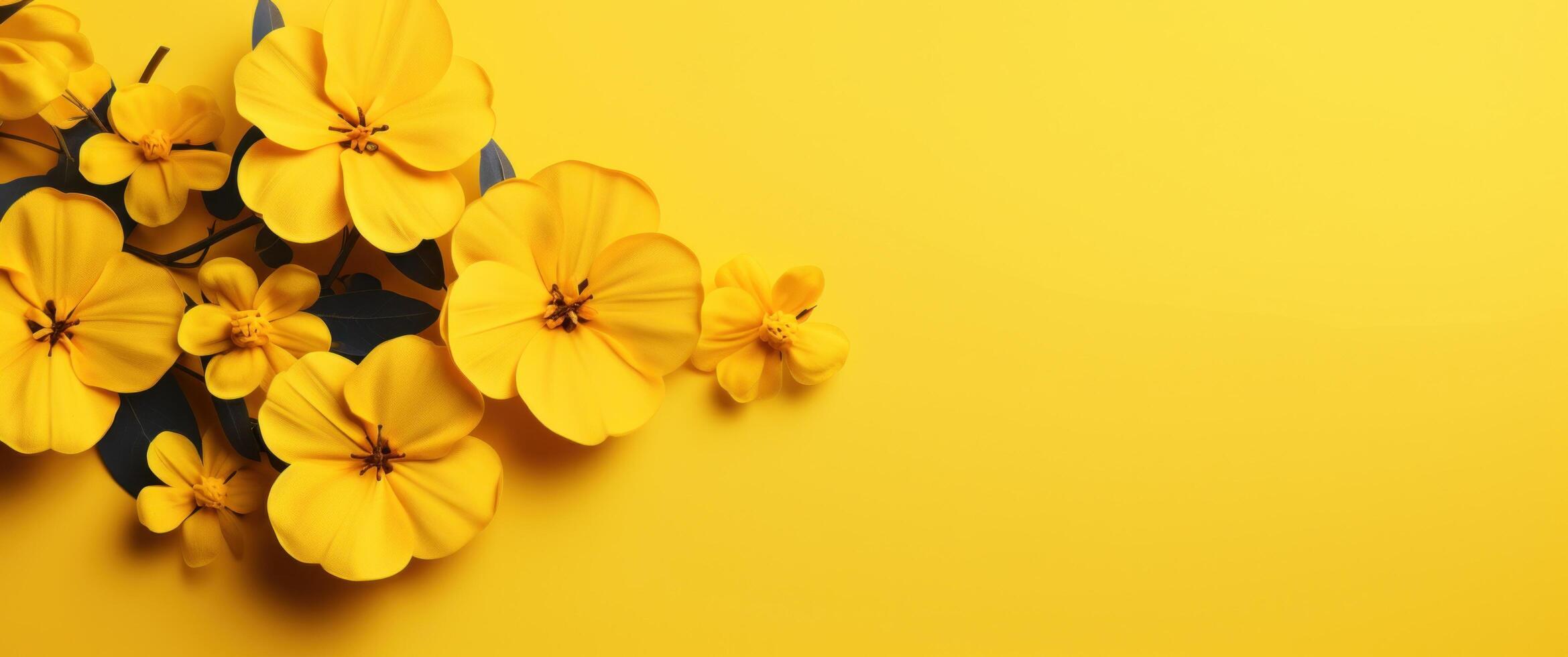 AI generated yellow flowers with leaves against a bright yellow background photo