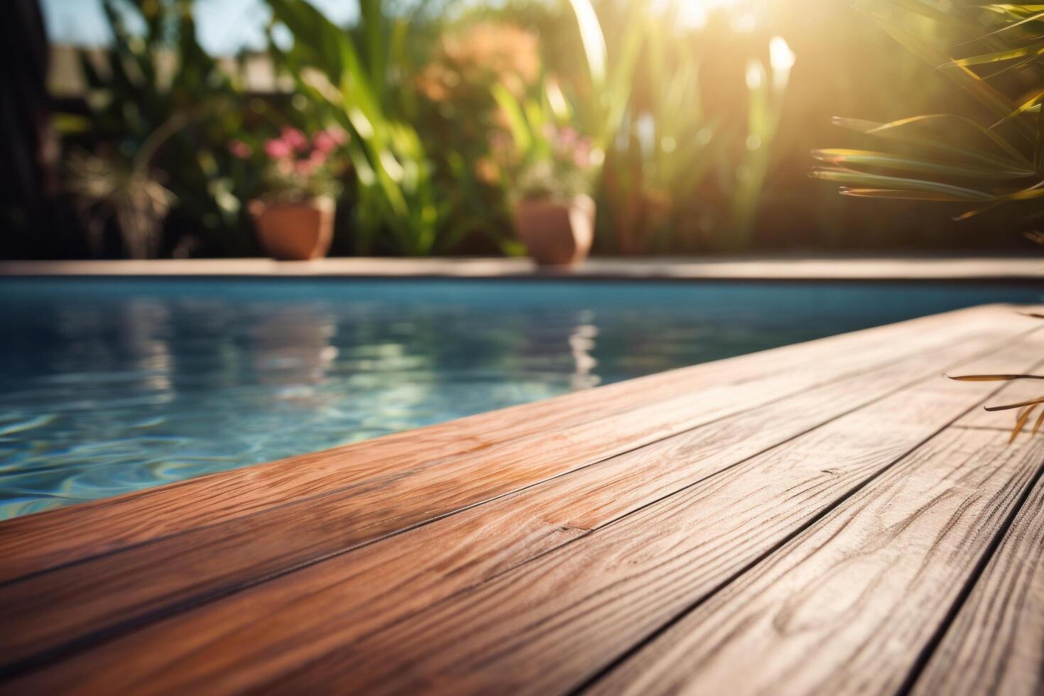 AI generated wood pool deck in the sunlight on top of swimming pool with natural setting photo