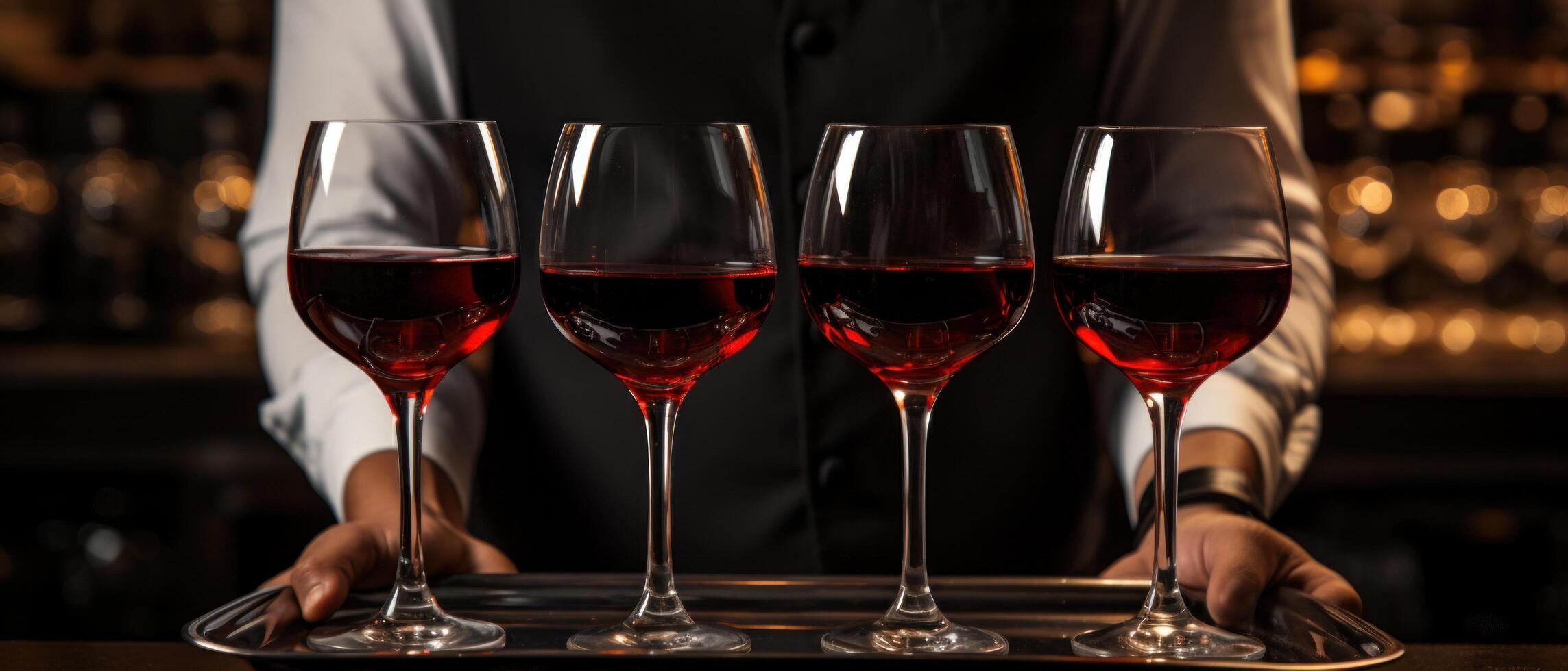 AI generated three serving table waiters set up wine glasses for drinks, photo