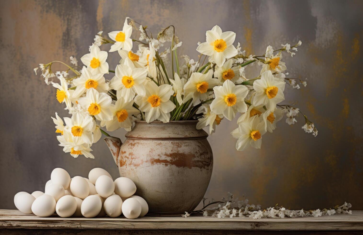 AI generated white eggs with daffodils and flowers on wooden table photo