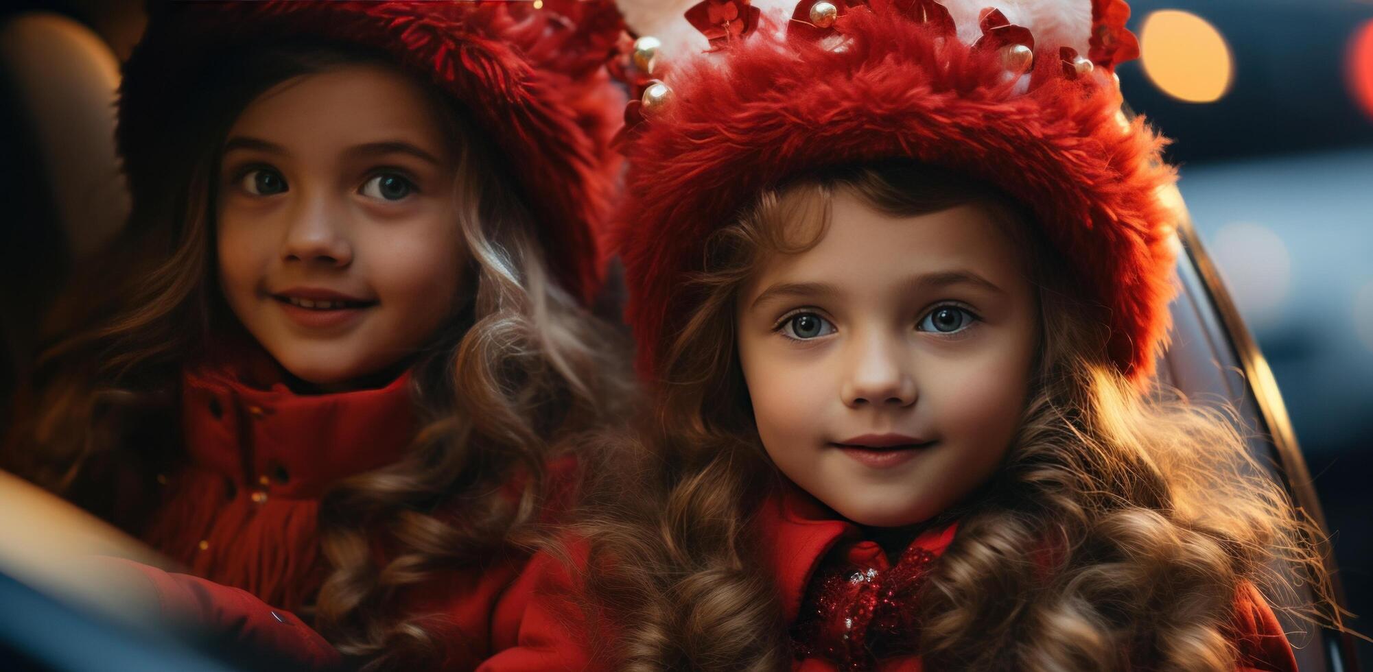 ai generado dos joven muchachas en rojo disfraces sentado en un coche con Navidad decoraciones foto