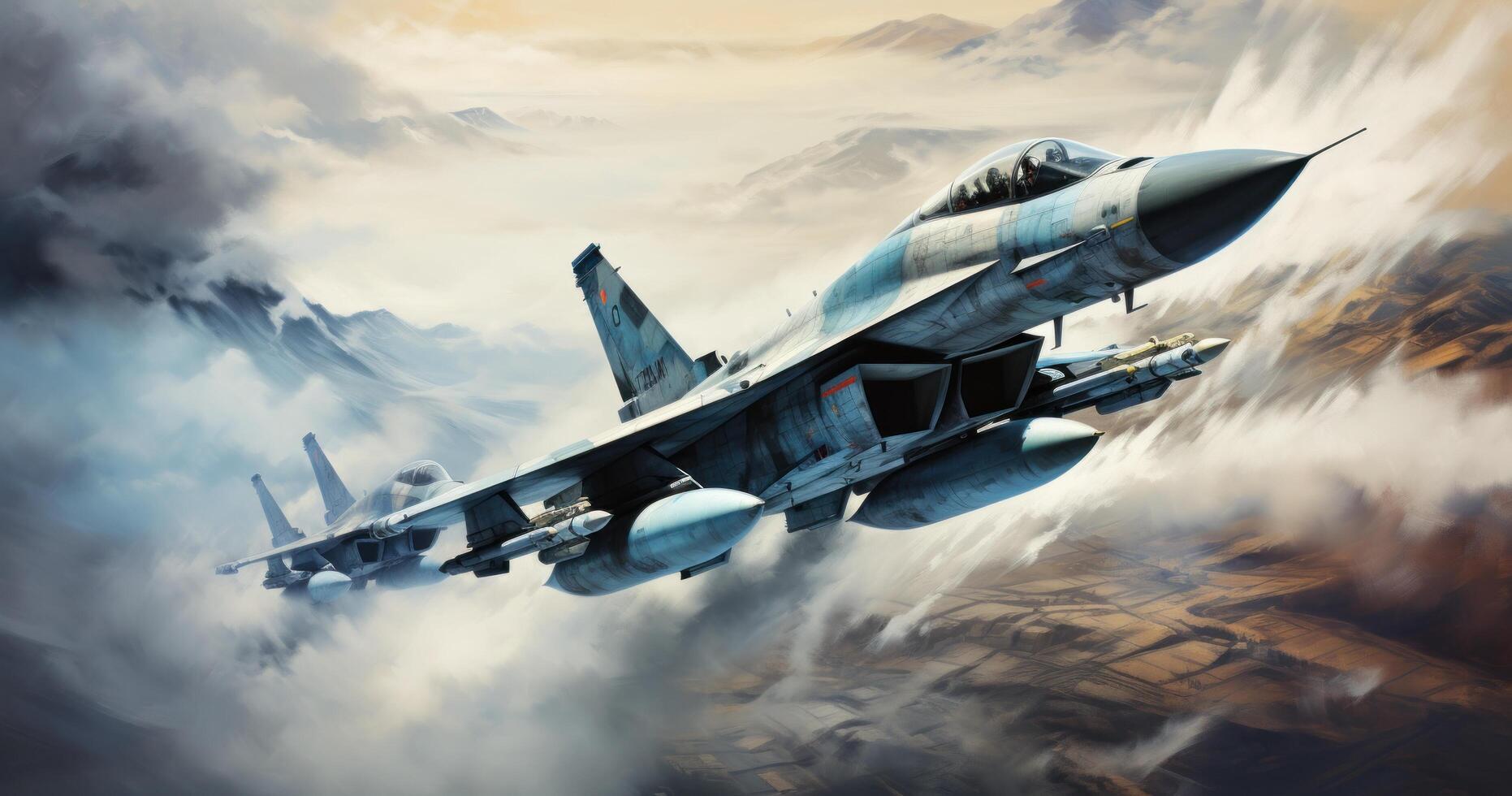AI generated two military jets flying through the sky with smoke and puffs of smoke photo