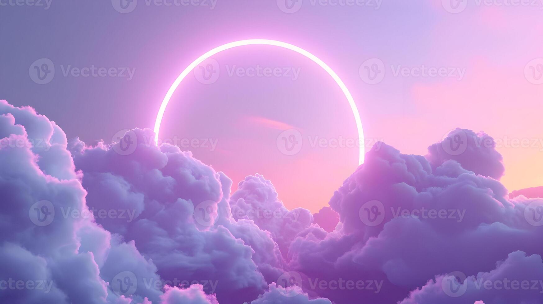 AI generated Horizontal background of simple puffy light purple clouds with a neon circle in the center. High-resolution. AI Generative photo