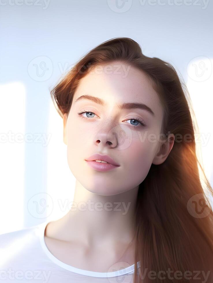 AI generated Beautiful 20 years woman with clean skin in sunlight, and skin care. High-resolution. AI Generative photo