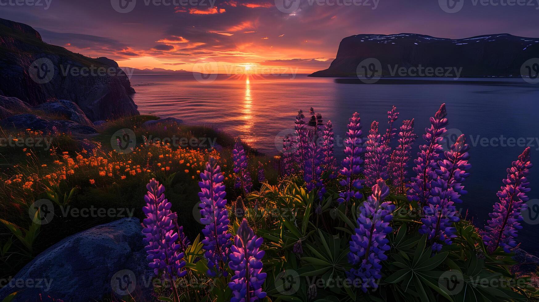 ai generado fondo de pantalla temperamental puesta de sol Oceano Dom y montañas. púrpura flor en el cerca vista. alta resolución. ai generativo foto