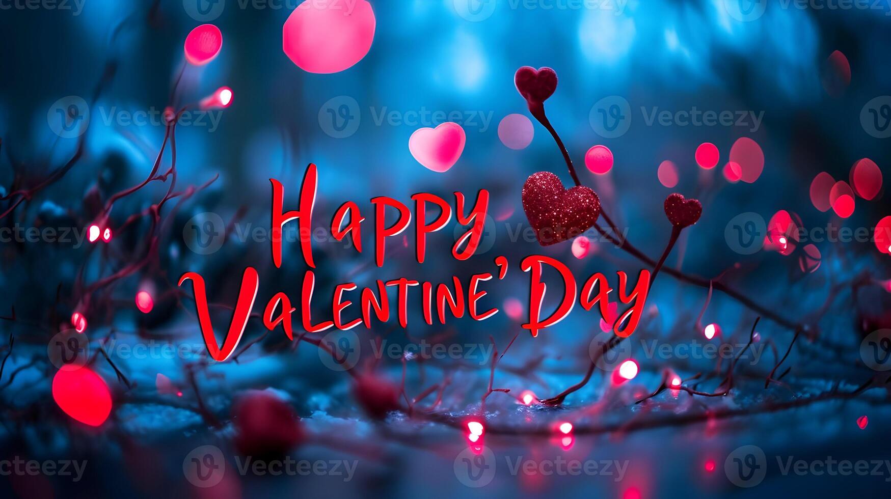 AI generated Happy Valentine's day words with a red neon line on a beautiful blue evening background. High-resolution. AI Generative photo