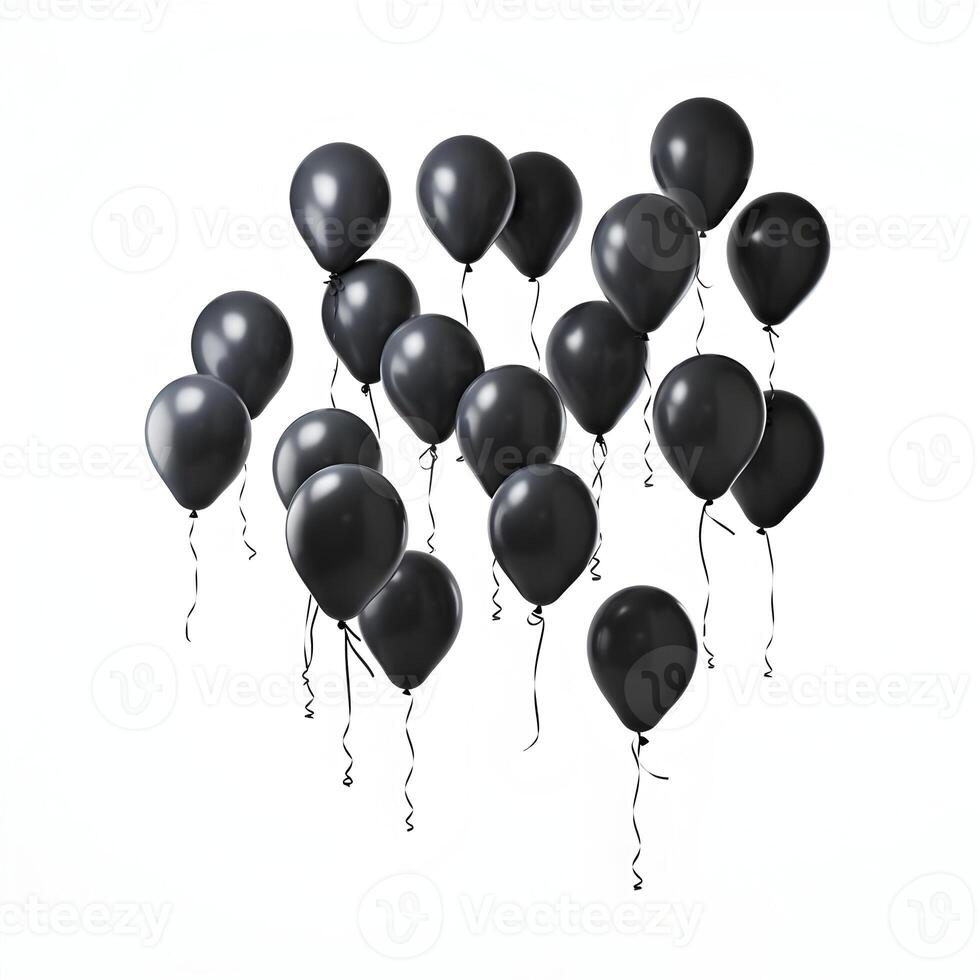 AI generated Black balloons flying up cinematic photo on a white background. High quality. AI Generative