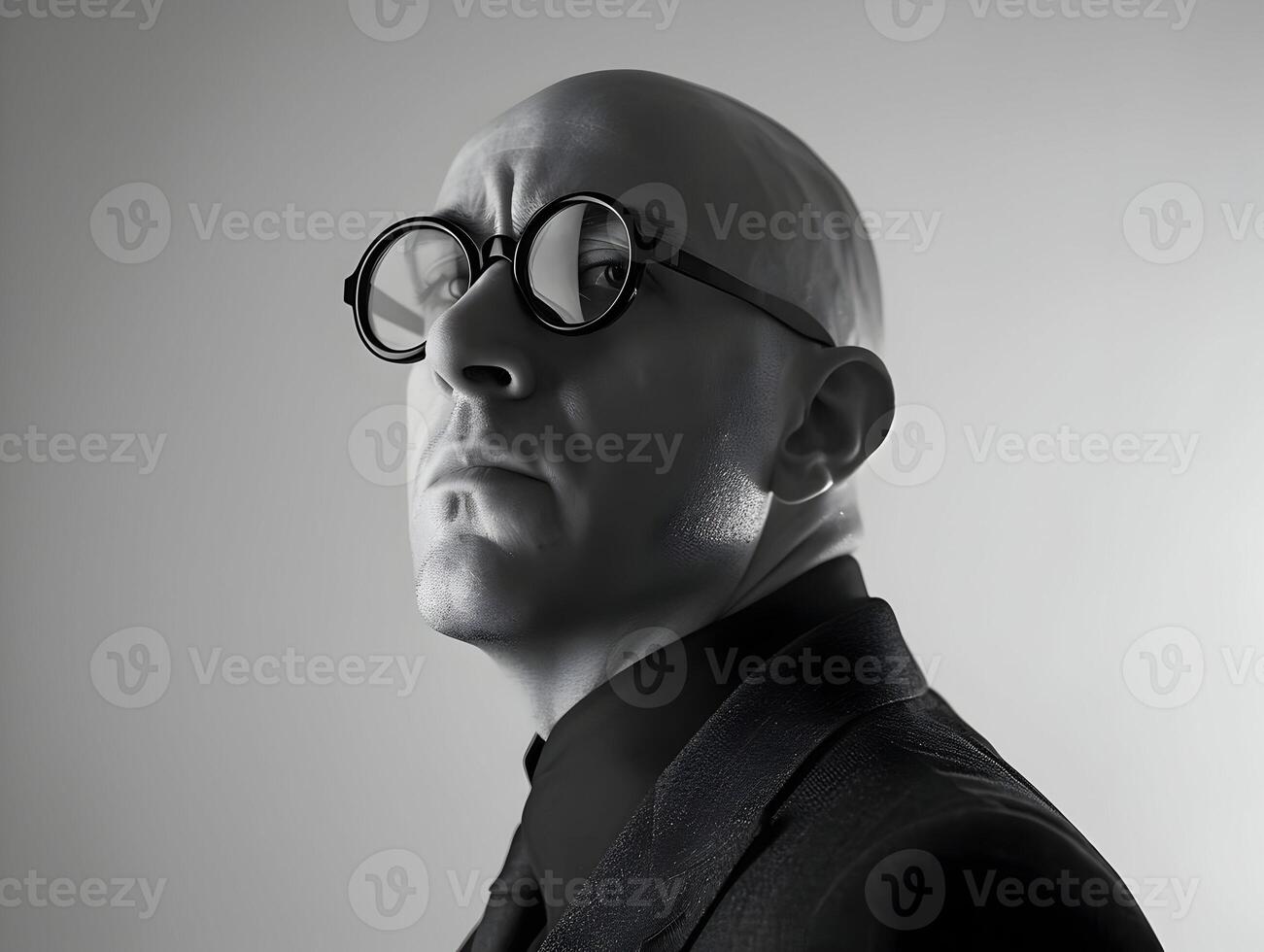 AI generated A bald man in specs minimalism. Stylish businessman black and white photo. High-resolution. AI Generative photo