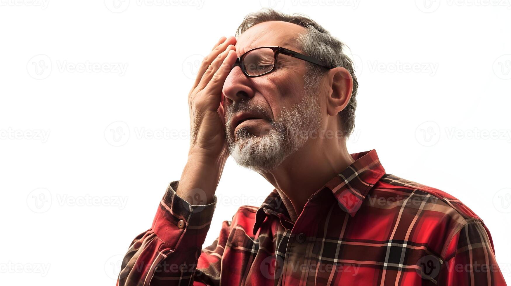 AI generated An old man with migraine headache holding his head isolated on a white background. High quality. AI Generative photo