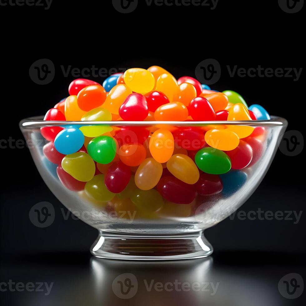 AI generated Close-up photo of a transparent bowl of colorful jelly beans. High quality. AI Generative