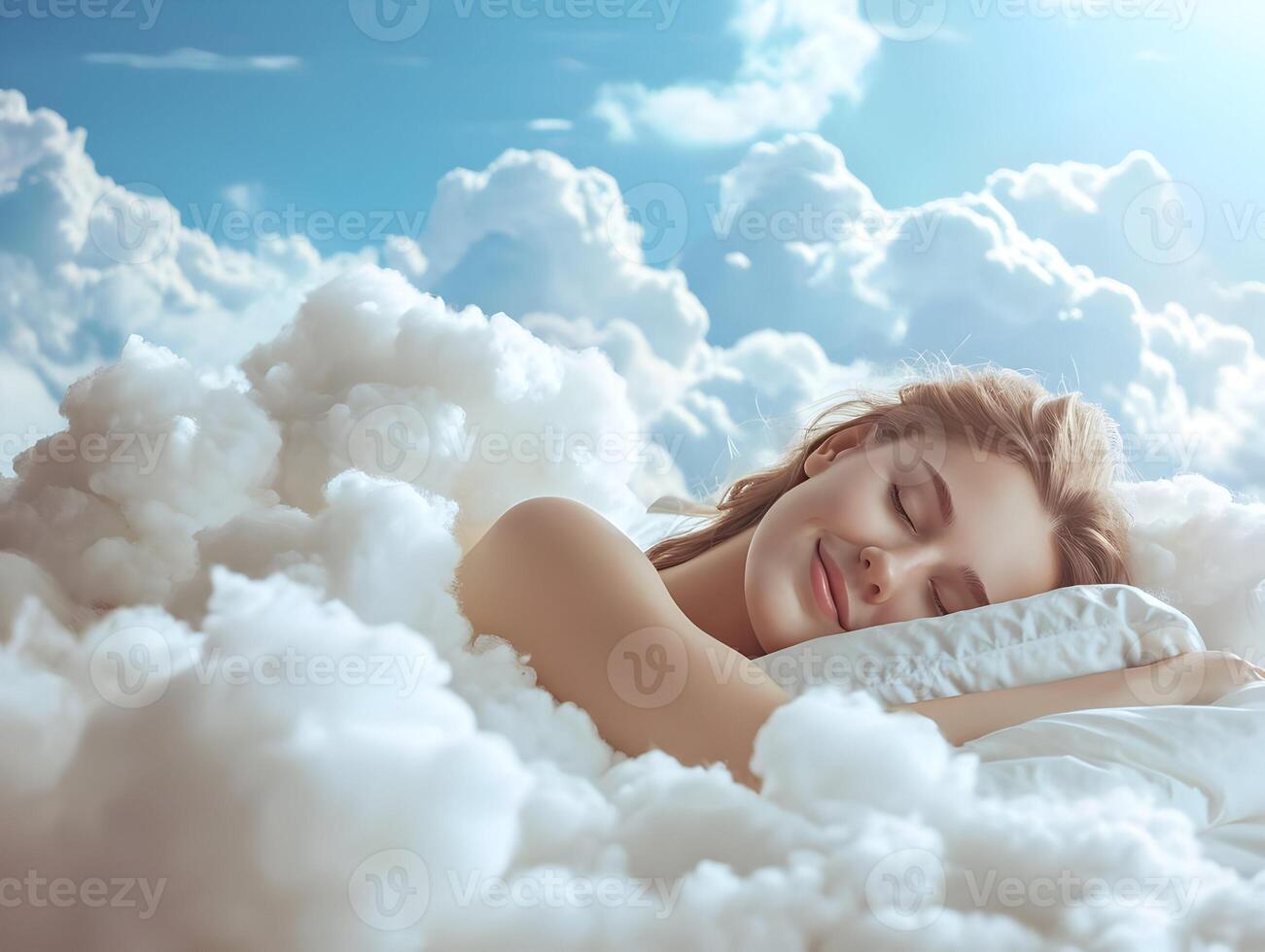 ai generado un hermosa joven mujer con un sonrisa duerme en un cama de nubes concepto de bueno Sueños alta resolución. ai generativo foto