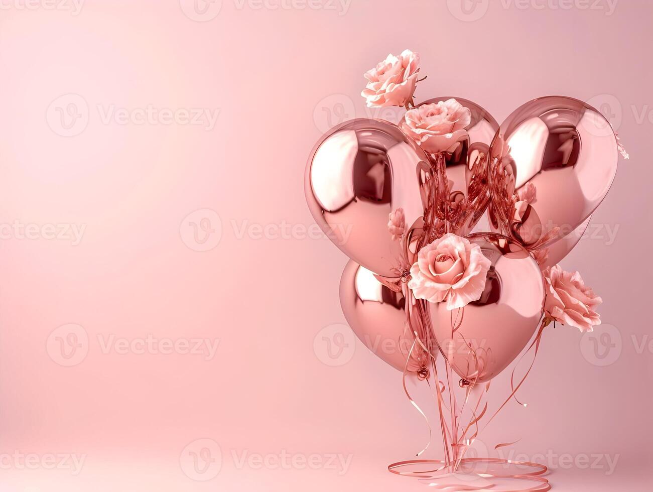 AI generated Rose gold foil balloons with flying roses pink background. High-resolution. AI Generative photo